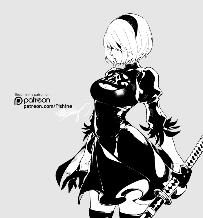 blindfold boots breasts cleavage cleavage_cutout covered_navel feather-trimmed_sleeves fishine gloves greyscale hairband holding holding_sword holding_weapon katana long_sleeves medium_breasts mole mole_under_mouth monochrome nier_(series) nier_automata patreon_username short_hair slender_waist solo sword thigh_boots thighhighs weapon yorha_no._2_type_b