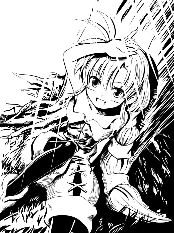 against_tree bare_shoulders breasts commentary_request edobox greyscale long_hair looking_at_viewer monochrome multi-tied_hair open_mouth pantyhose ponytail saga saga_frontier saga_frontier_2 small_breasts smile solo tree virginia_knights
