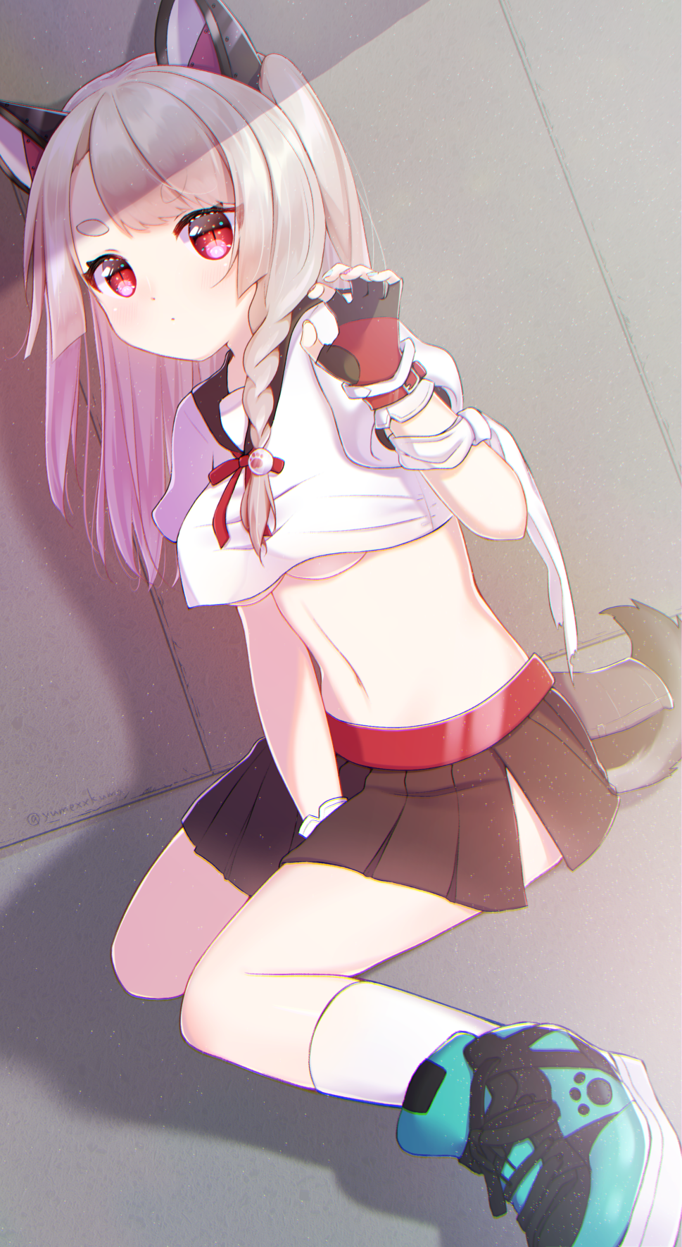 animal_ears azur_lane bad_id bad_pixiv_id bangs between_legs black_gloves black_skirt blue_footwear blue_nails blush braid breasts claw_pose closed_mouth commentary_request crop_top crop_top_overhang dutch_angle eyebrows_visible_through_hair fingernails gloves hand_between_legs hand_up highres kneehighs kuma_no_yume light_brown_hair long_hair looking_at_viewer medium_breasts multicolored multicolored_nails nail_polish navel one_side_up pink_nails pleated_skirt puffy_short_sleeves puffy_sleeves red_eyes school_uniform serafuku shirt shoes short_sleeves side_braid sitting skirt solo tail thick_eyebrows twitter_username underboob white_legwear white_shirt wolf_ears wolf_girl wolf_tail yuudachi_(azur_lane)