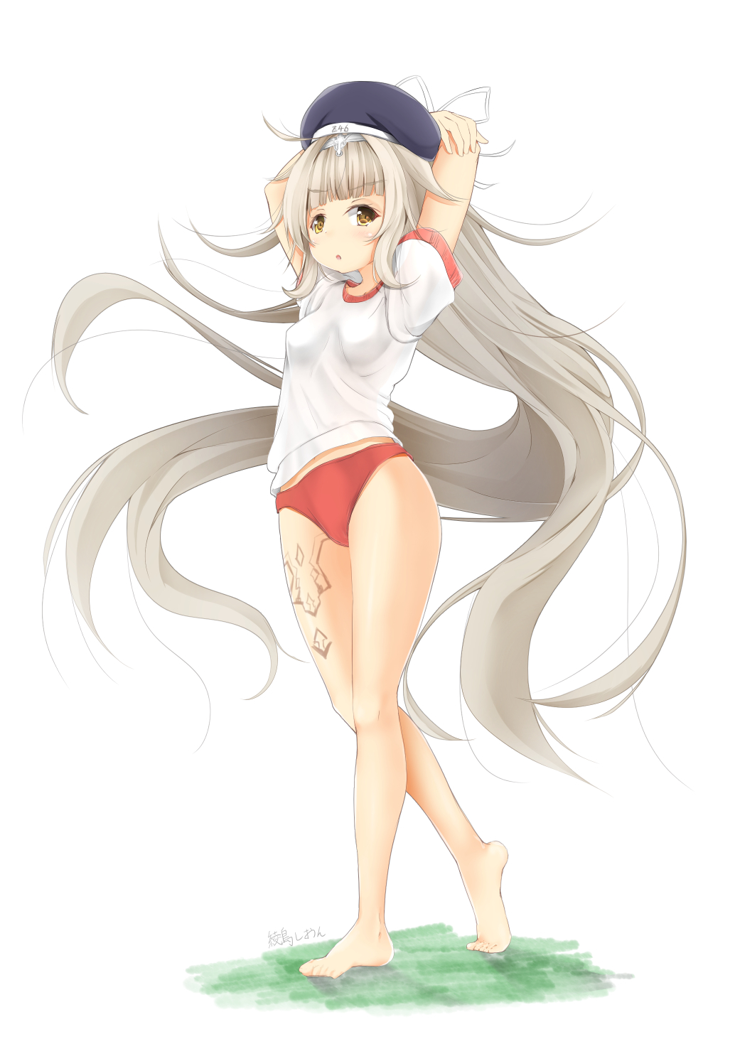 :o absurdly_long_hair arms_up azur_lane bangs bare_legs barefoot beret blue_hat blunt_bangs blush breasts brown_eyes buruma character_name commentary_request eyebrows_visible_through_hair full_body gym_shirt gym_uniform hair_ornament hat highres long_hair looking_at_viewer maru_shion parted_lips red_buruma ribbon shirt short_sleeves sidelocks signature silver_hair small_breasts solo standing very_long_hair white_background white_ribbon white_shirt z46_(azur_lane)