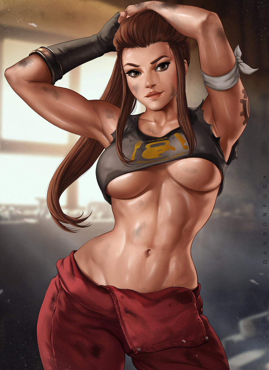 abs arm_tattoo armpits arms_up biceps breasts brigitte_(overwatch) brown_eyes brown_hair cleavage commentary crop_top dandon_fuga dirty gloves highres kettlebell large_breasts looking_at_viewer muscle muscular_female navel overwatch pinup ponytail single_glove smile solo stomach sweat tattoo toned tying_hair underboob