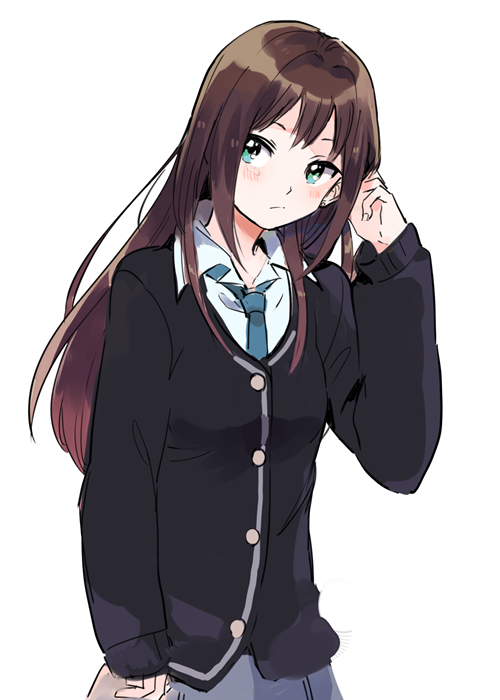 :/ aqua_eyes bangs black_sweater blue_neckwear blush breasts brown_hair buttons closed_mouth collared_shirt frown grey_skirt hair_intakes hand_up idolmaster idolmaster_cinderella_girls long_hair long_sleeves looking_away looking_to_the_side medu_(rubish) necktie pleated_skirt shibuya_rin shirt simple_background skirt sleeves_past_wrists small_breasts solo straight_hair sweater white_background white_shirt