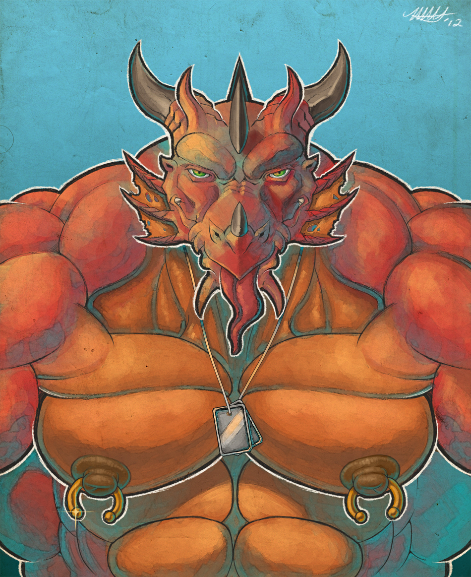 anthro dog_tags dragon hyper hyper_muscles male muscular nidhogg_(character) nipple_piercing nipples piercing ragnarokdragon smile smirk solo