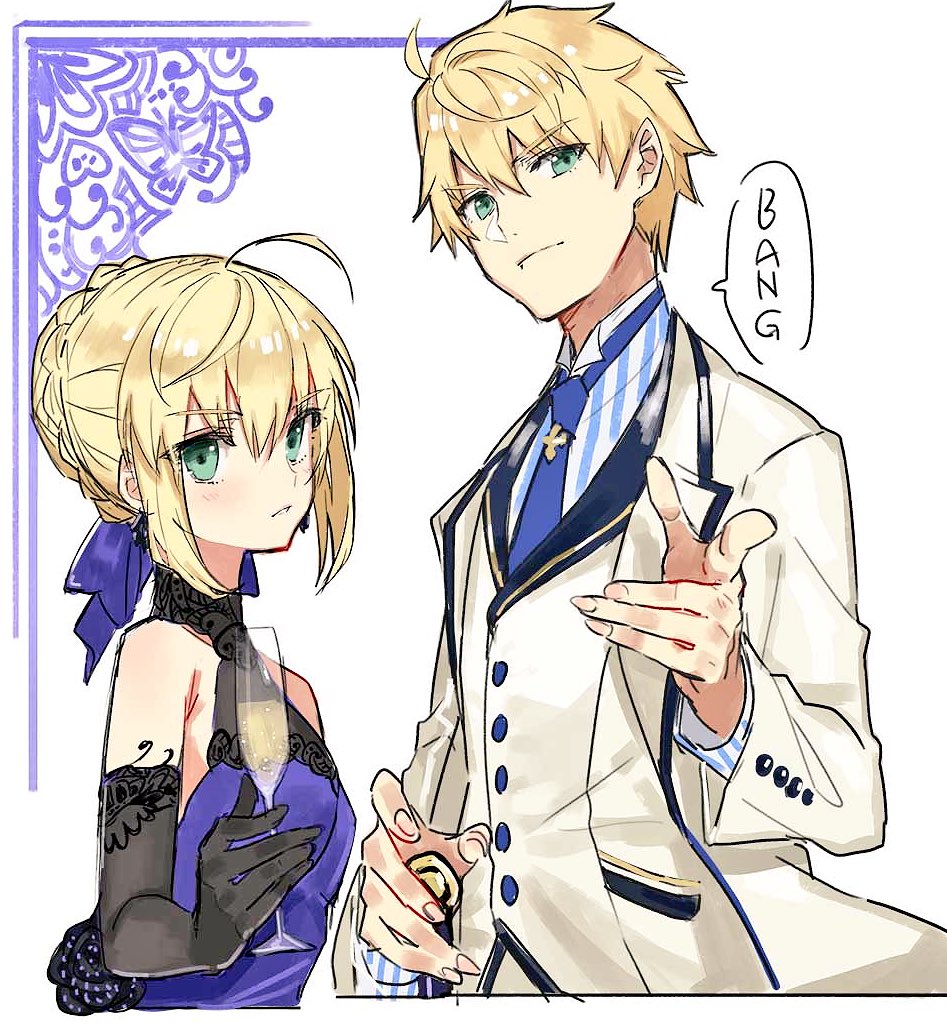 1girl ahoge arthur_pendragon_(fate) artoria_pendragon_(all) blonde_hair blue_dress braid champagne_flute cup dress drinking_glass elbow_gloves english fate/extella_link fate/grand_order fate/prototype fate_(series) finger_gun formal french_braid gloves green_eyes looking_at_viewer necktie saber simple_background suit teshima_nari upper_body white_background white_rose_(fate/grand_order) white_suit