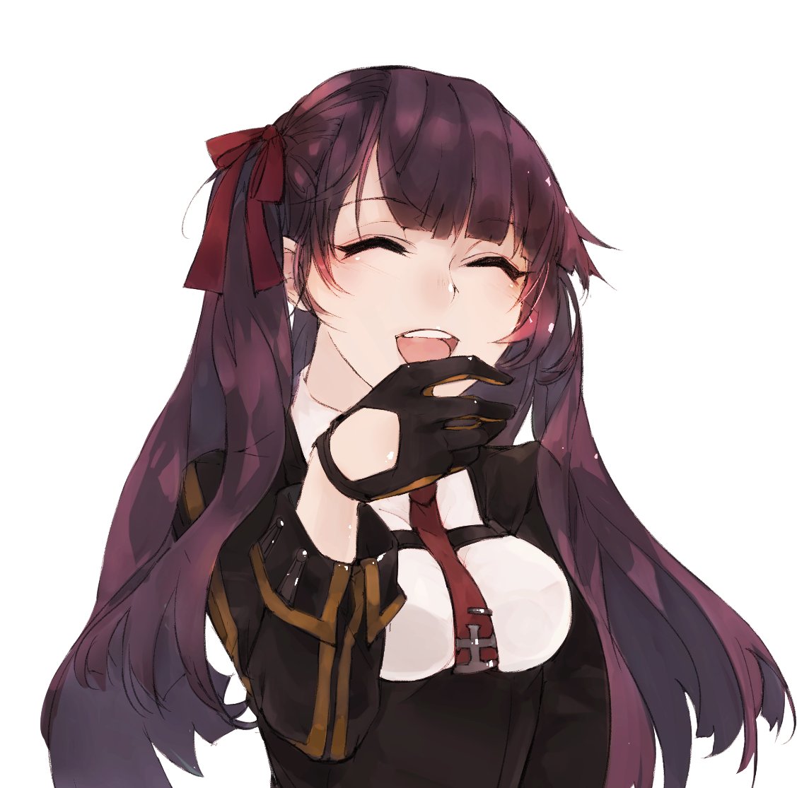 bangs black_gloves blunt_bangs blush breasts closed_eyes eyebrows_visible_through_hair framed_breasts girls_frontline gloves hair_ribbon half_updo hand_up ik jacket large_breasts laughing long_hair necktie one_side_up open_mouth purple_hair red_neckwear ribbon sidelocks simple_background sleeves_folded_up solo very_long_hair wa2000_(girls_frontline) white_background