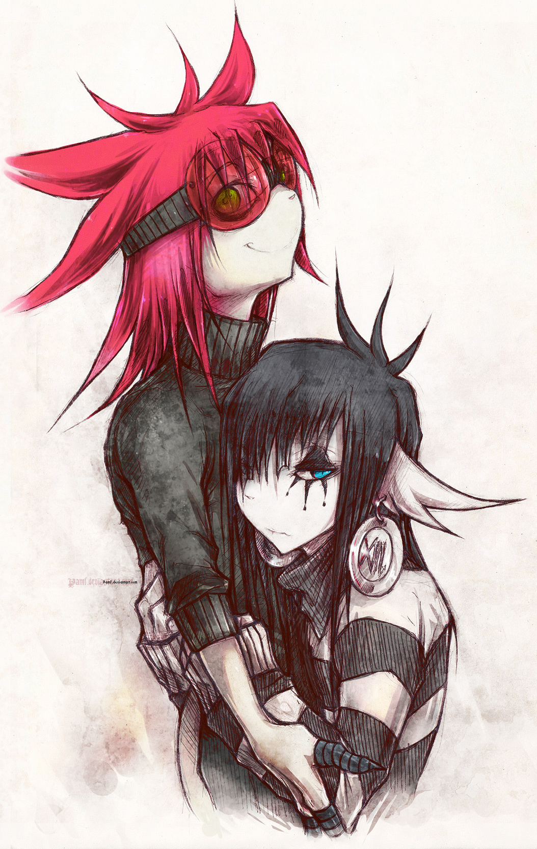 droopy_ears duo ear_piercing emo female hair happy hug makeup male pamf piercing red_goggles red_hair shy smile