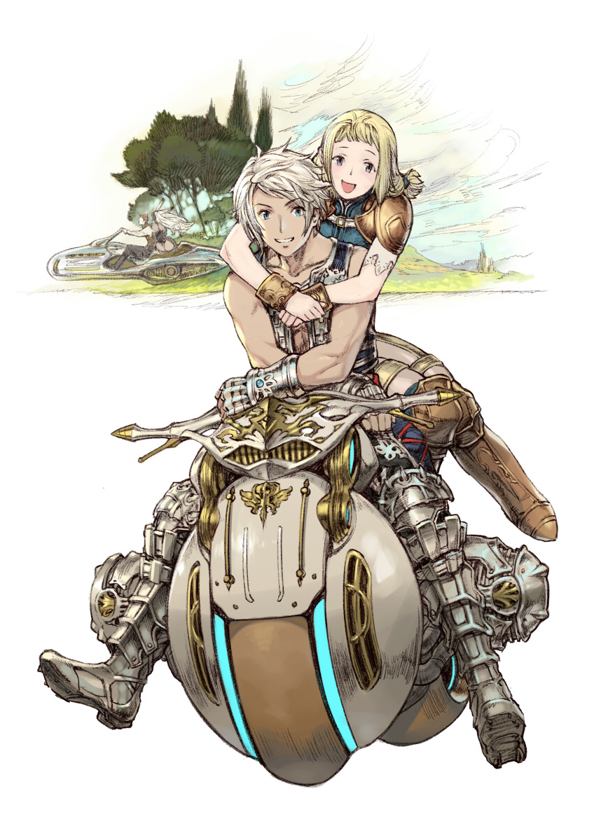 2girls balflear blonde_hair boots commentary_request final_fantasy final_fantasy_xii fingerless_gloves fran gloves greaves highres hover_bike hug hug_from_behind looking_at_viewer multiple_boys multiple_girls multiple_riders nagimiso penelo riding sidesaddle smile vaan vest