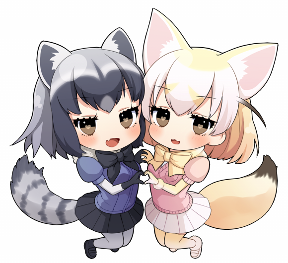 :3 animal_ears blush chibi common_raccoon_(kemono_friends) extra_ears fang fennec_(kemono_friends) fox_ears fox_tail full_body fur_collar grey_hair heart heart-shaped_pupils heart_hands heart_hands_duo holding_hands kemono_friends looking_at_viewer multicolored_hair multiple_girls pantyhose puffy_short_sleeves puffy_sleeves raccoon_ears raccoon_tail short_sleeve_sweater short_sleeves simple_background striped_tail symbol-shaped_pupils tail thighhighs vsi0v white_background