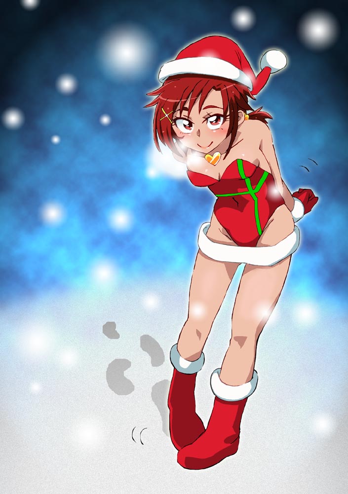 blush boots breasts christmas cleavage commentary gloves graphite_(medium) groin hino_akane_(smile_precure!) leotard looking_at_viewer medium_hair millipen_(medium) onnaski precure print_leotard red_footwear red_gloves red_leotard santa_costume small_breasts smile smile_precure! solo strapless strapless_leotard traditional_media