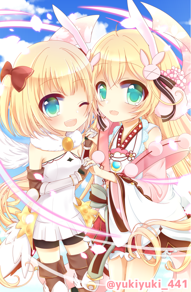 :d ;d animal_ears bangs blonde_hair blue_sky blush boots bow brown_gloves brown_legwear bunny_ears bunny_hair_ornament cloud commentary_request day dress elbow_gloves eyebrows_visible_through_hair feathered_wings flower fur_collar gloves green_eyes hair_between_eyes hair_bow hair_flower hair_ornament holding_hands interlocked_fingers japanese_clothes kimono long_hair long_sleeves looking_at_viewer maaru_(shironeko_project) multiple_girls one_eye_closed one_side_up open_mouth pink_flower pleated_dress pleated_skirt red_bow red_skirt shironeko_project short_kimono skirt sky sleeveless sleeveless_dress smile thigh_boots thighhighs tsukimi_(shironeko_project) twitter_username very_long_hair white_dress white_kimono white_wings wide_sleeves wings yukiyuki_441