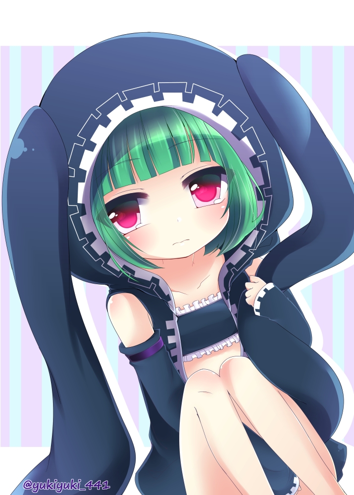 animal_ears animal_hood bandeau bangs bare_shoulders between_legs black_bandeau black_hoodie blunt_bangs blush bunny_ears bunny_hood character_request closed_mouth collarbone commentary_request detached_sleeves dutch_angle eyebrows_visible_through_hair floppy_ears frills green_hair hand_between_legs hood hoodie long_sleeves looking_at_viewer open_clothes open_hoodie purple_eyes shironeko_project sitting sleeveless sleeveless_hoodie sleeves_past_wrists solo striped striped_background twitter_username vertical-striped_background vertical_stripes yukiyuki_441