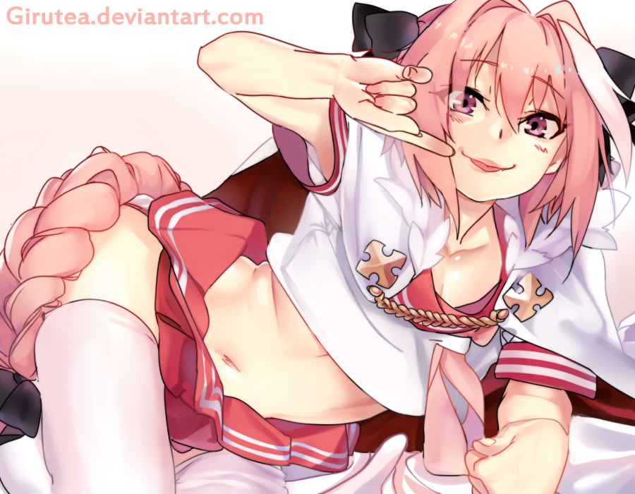:} arm_support armpit_peek astolfo_(fate) bangs black_bow blush bow braid cloak closed_mouth collarbone commentary crop_top deviantart_username english_commentary eyebrows_visible_through_hair eyelashes eyes_visible_through_hair fang_out fate/apocrypha fate/grand_order fate_(series) finger_to_mouth fingernails fur-trimmed_cloak fur_collar girutea gradient gradient_background hair_between_eyes hair_bow hair_intakes hand_up index_finger_raised long_hair looking_at_viewer lying male_focus miniskirt multicolored_hair navel neckerchief on_side otoko_no_ko pink_background pink_hair pink_neckwear pleated_skirt purple_eyes raised_eyebrows red_sailor_collar red_skirt sailor_collar school_uniform serafuku shirt short_sleeves simple_background single_braid skirt sleeve_cuffs smile solo stomach streaked_hair thighhighs tongue tongue_out two-tone_hair very_long_hair watermark web_address white_cloak white_hair white_legwear white_shirt