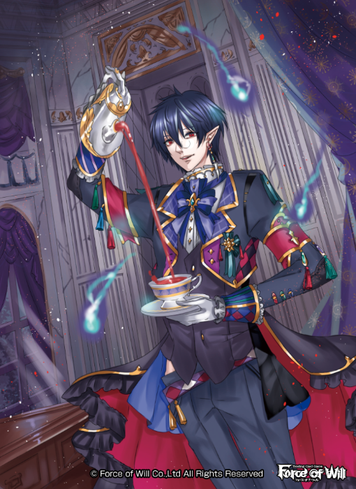 banamons black_hair blood bow bowtie butler company_name cup curtains fire force_of_will gloves male_focus monocle official_art pointy_ears red_eyes solo teacup teapot vampire window