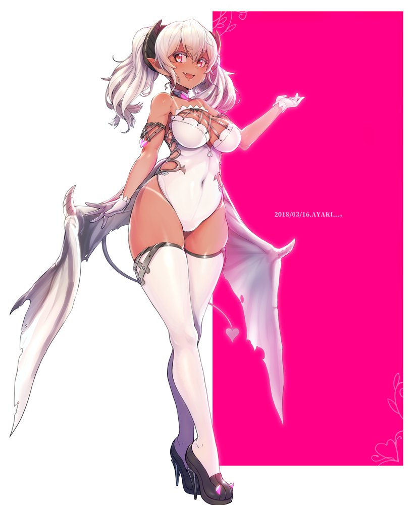 2018 :d artist_name ayaki bangs bikini_tan black_footwear breasts covered_navel dark_skin dated demon_girl demon_horns demon_tail demon_wings detached_collar eyebrows_visible_through_hair fang full_body gloves heart high_heels horns leotard looking_at_viewer low_wings medium_breasts open_mouth original outstretched_arm pink_eyes pointy_ears shoes smile solo standing succubus tail tan tanline thick_thighs thighhighs thighs twintails two-tone_background white_gloves white_hair white_legwear white_leotard white_wings wings