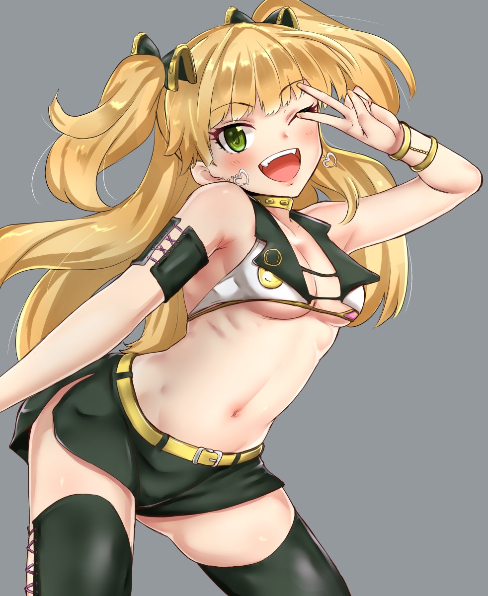 badge belt belt_buckle black_footwear black_shorts blonde_hair blush boots bow bracelet breasts buckle button_badge choker cleavage cleavage_cutout cosplay cowboy_shot crop_top cross-laced_footwear demio earrings eyebrows_visible_through_hair eyelashes fangs green_eyes grey_background hair_bow heart heart_earrings highres idolmaster idolmaster_cinderella_girls jewelry jougasaki_mika jougasaki_mika_(cosplay) jougasaki_rika long_hair looking_at_viewer midriff navel one_eye_closed open_mouth ribs short_shorts shorts simple_background sleeveless small_breasts smile solo thigh_boots thighhighs thighs two_side_up v