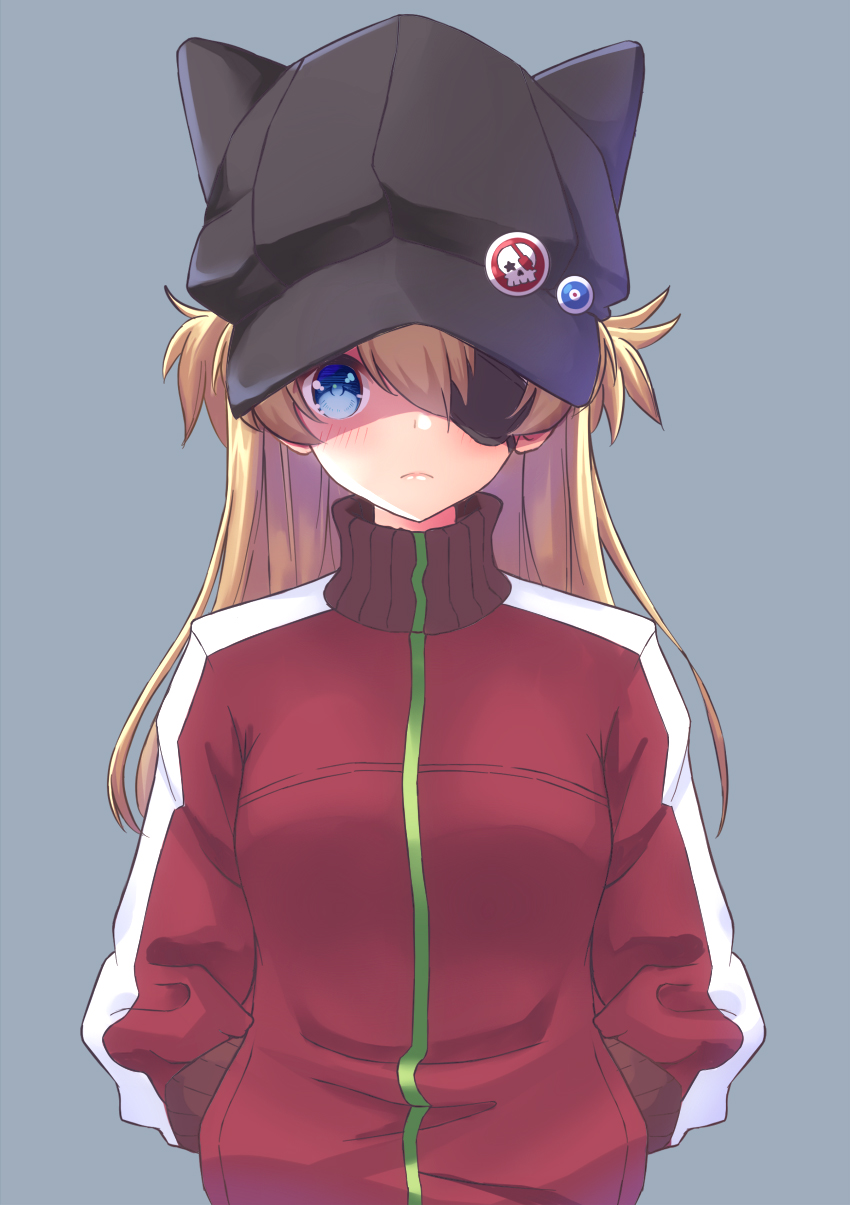 animal_hat badge bangs black_hat blackheartxiii blue_eyes blush breasts brown_hair button_badge cabbie_hat cat_hat closed_mouth evangelion:_3.0_you_can_(not)_redo expressionless eyepatch grey_background hair_between_eyes hands_in_pockets hat hat_ornament highres jacket lips long_hair long_sleeves looking_at_viewer medium_breasts neon_genesis_evangelion one_eye_covered parted_bangs pocket rebuild_of_evangelion red_jacket shaded_face shikinami_asuka_langley simple_background skull solo souryuu_asuka_langley star straight_hair track_jacket turtleneck two_side_up upper_body