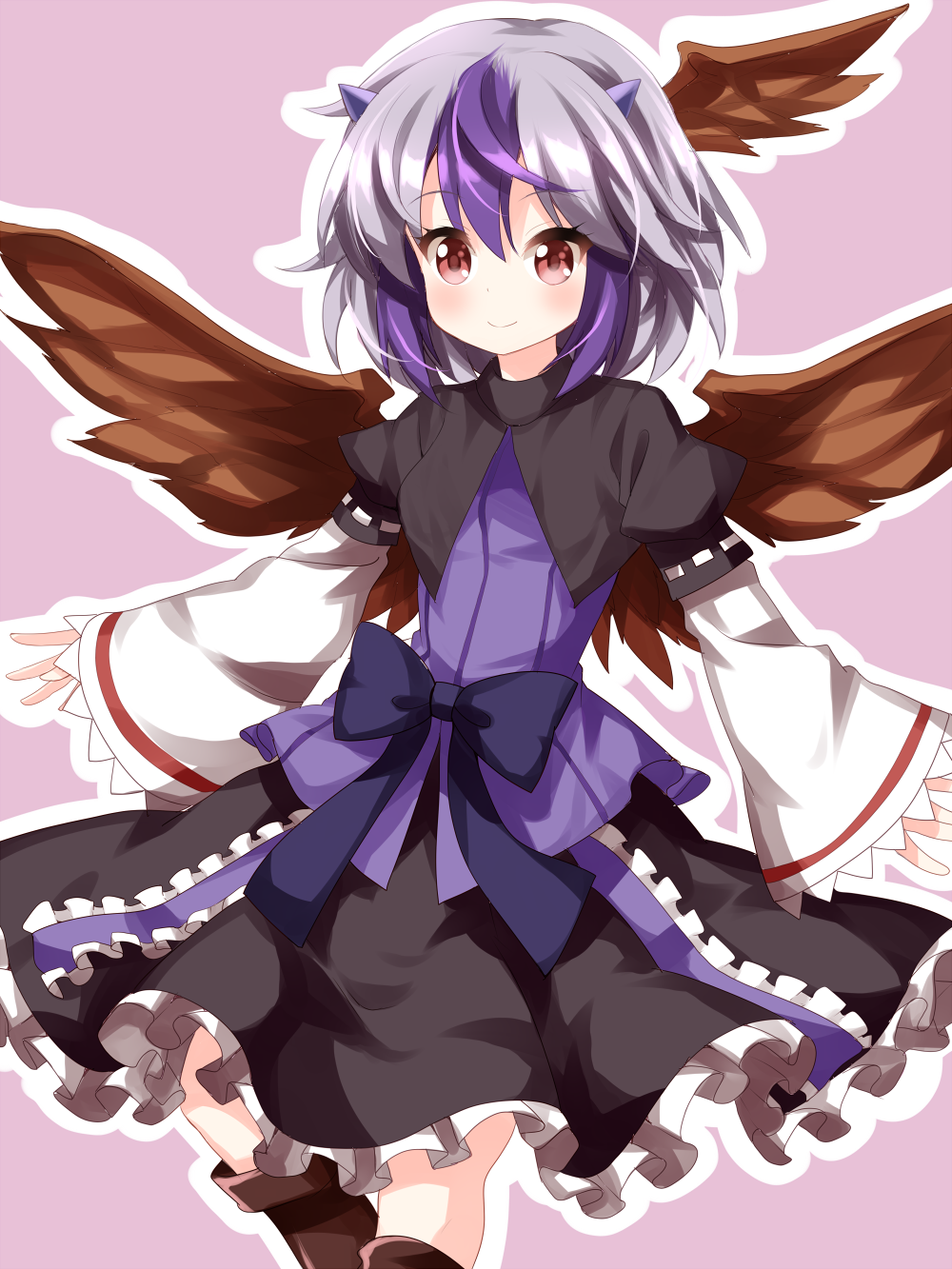 bow feathered_wings frilled_skirt frills head_wings highres horns looking_at_viewer multicolored_hair outline pink_background puffy_sleeves purple_hair red_eyes ruu_(tksymkw) short_hair silver_hair simple_background skirt smile solo tokiko_(touhou) touhou white_outline wide_sleeves wings