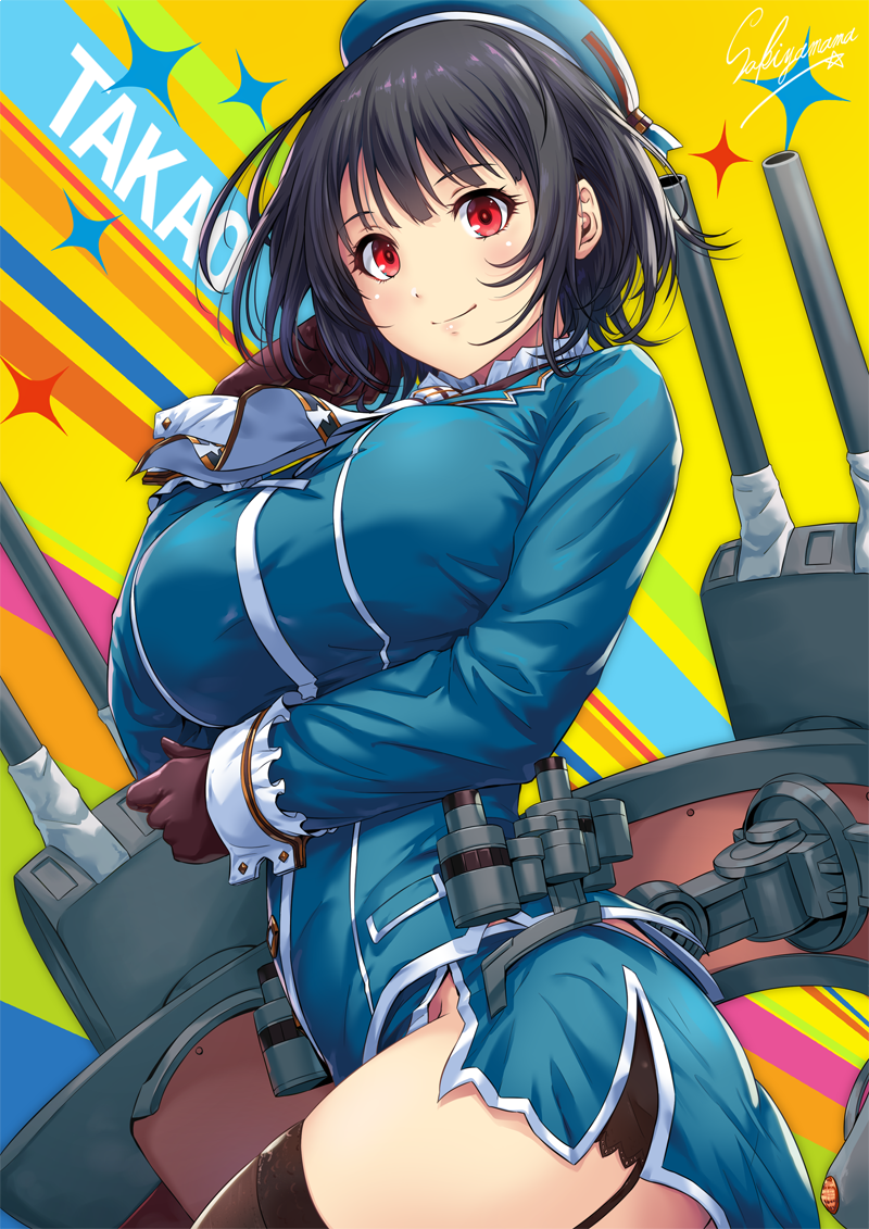 artist_name ass beret black_gloves black_hair black_panties blue_hat blue_jacket blush breasts cannon character_name closed_mouth cowboy_shot garter_straps gloves hand_on_own_cheek hand_to_own_mouth hat jacket kantai_collection large_breasts long_sleeves looking_at_viewer messy_hair panties red_eyes rigging sakiyamama short_hair skirt smile solo takao_(kantai_collection) thighhighs thighs turret twisted_torso underwear
