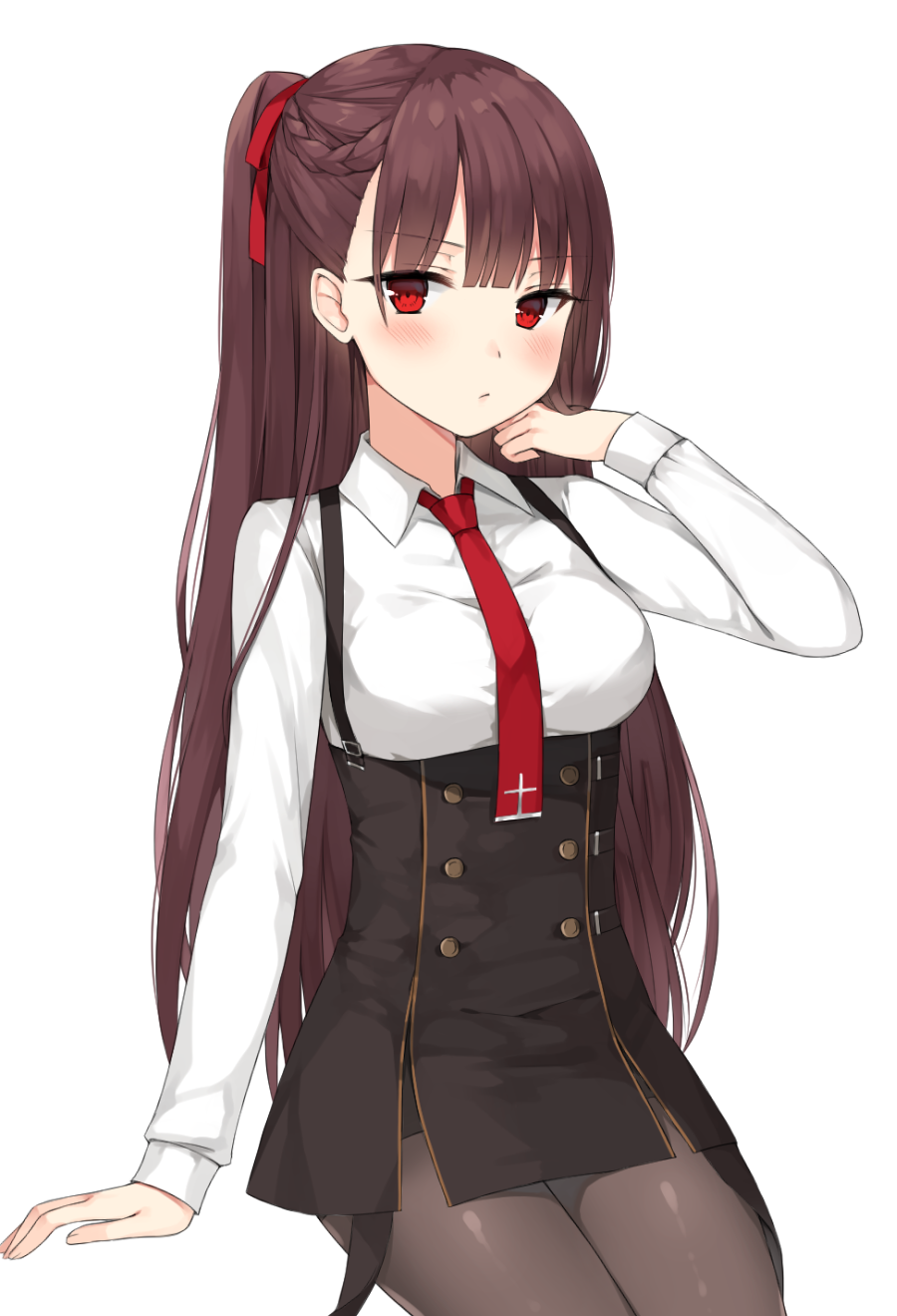 arm_support bangs black_legwear black_skirt blunt_bangs blush braid breasts canape_(canape0130) closed_mouth collared_shirt commentary double-breasted eyebrows_visible_through_hair girls_frontline hair_ribbon half_updo hand_on_own_cheek highres large_breasts long_hair looking_at_viewer necktie one_side_up pantyhose pout purple_hair red_eyes red_neckwear ribbon shirt sidelocks simple_background sitting skirt solo strap very_long_hair wa2000_(girls_frontline) white_background white_shirt