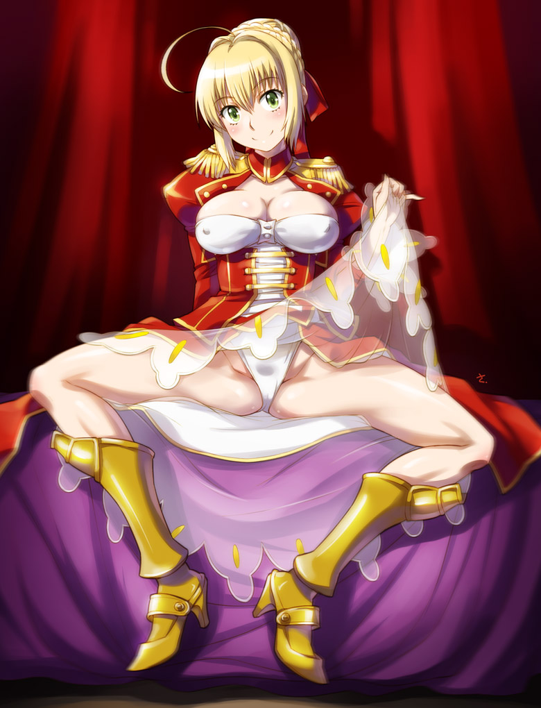 ahoge armored_boots blonde_hair blush boots braid breasts cleavage closed_mouth covered_nipples curtains dress dress_lift epaulettes eyebrows_visible_through_hair fate/extra fate_(series) full_body green_eyes hair_between_eyes hair_ribbon head_tilt high_heels knee_boots large_breasts looking_at_viewer nero_claudius_(fate) nero_claudius_(fate)_(all) panties red_ribbon ribbon sameha_ikuya silhouette sitting smile solo spread_legs underwear white_panties