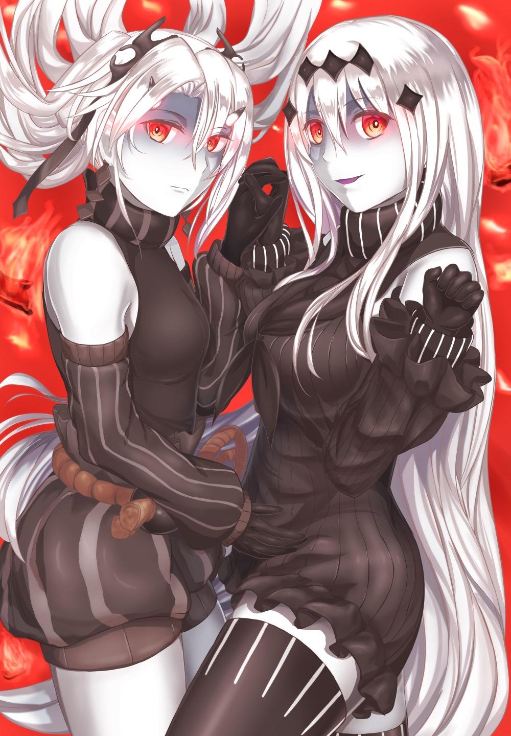 abyssal_crane_hime aircraft_carrier_water_oni armor armored_boots black_dress black_gloves black_legwear boots detached_sleeves dress gloves highres holding_hands horns japanese_clothes kantai_collection long_hair multiple_girls red_background red_eyes ribbed_dress sabakuomoto sailor_dress shinkaisei-kan short_dress thighhighs very_long_hair white_hair white_skin