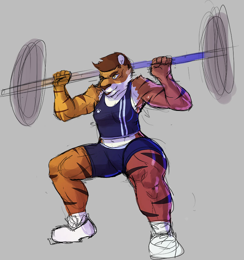 anthro clothed clothing colored_sketch crouching exercise feline female footwear jayecho lipstick makeup mammal muscular muscular_female shoes solo tiger weightlifting workout