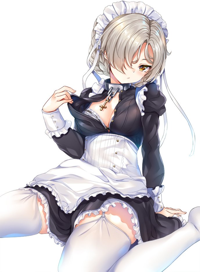 :&lt; apron arm_support azur_lane black_shirt black_skirt blonde_hair blush bra bra_peek breasts chain cleavage closed_mouth collar feet_out_of_frame frilled_apron frilled_skirt frills garter_straps hair_over_one_eye head_tilt hinata_sora leaning_back looking_at_viewer maid_headdress medium_breasts sheffield_(azur_lane) shiny shiny_hair shirt short_hair short_sleeves simple_background sitting skirt sleeve_cuffs solo thighhighs unbuttoned unbuttoned_shirt underwear waist_apron white_apron white_background white_bra white_legwear yellow_eyes