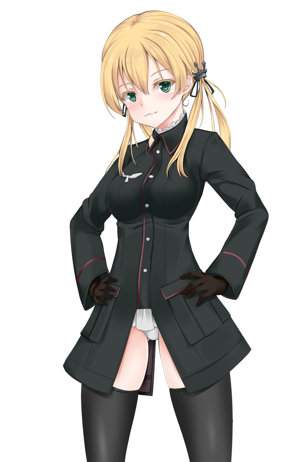 :3 alternate_costume anchor_hair_ornament ass_visible_through_thighs bad_id bad_pixiv_id bangs black_coat black_gloves black_legwear black_ribbon blush breasts closed_mouth colored_eyelashes cosplay cowboy_shot gloves green_eyes hair_ornament hair_ribbon hands_on_hips heinrike_prinzessin_zu_sayn-wittgenstein heinrike_prinzessin_zu_sayn-wittgenstein_(cosplay) highres kantai_collection legs_apart long_hair long_sleeves looking_at_viewer low_twintails medium_breasts no_hat no_headwear no_pants noble_witches panties pocket prinz_eugen_(kantai_collection) ribbon simple_background solo standing thighhighs twintails underwear white_background white_panties world_witches_series z5987