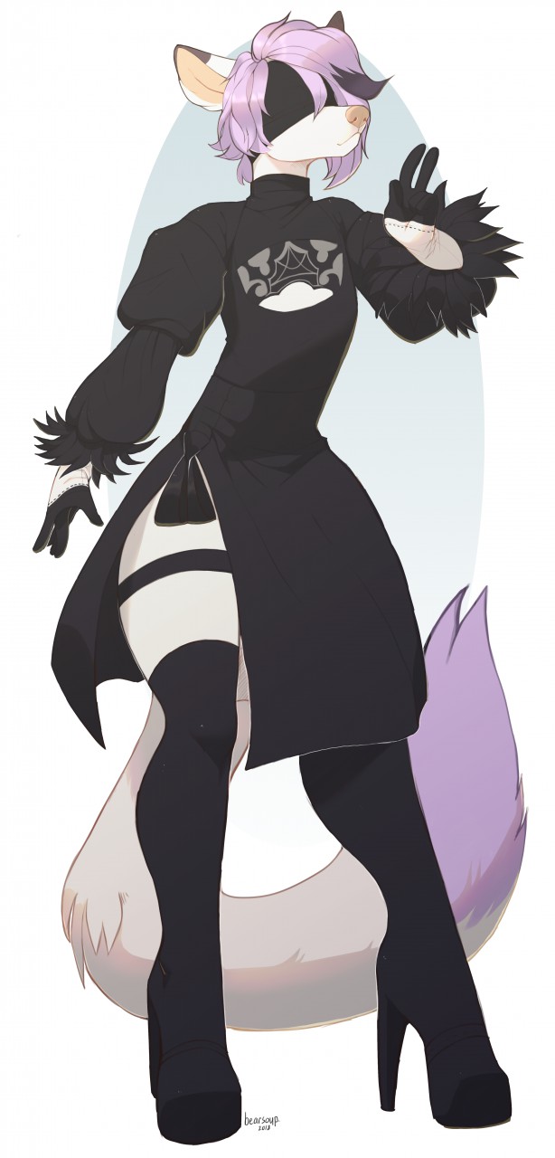anthro blindfold canine clothed clothing crossdressing emberwood footwear fox girly hair high_heels legwear male mammal nier_automata shoes solo standing thigh_highs wide_hips
