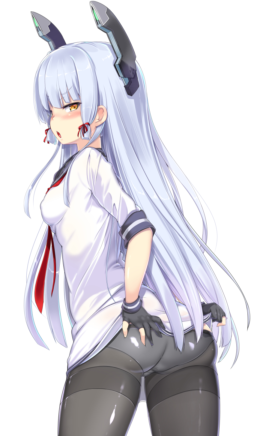 ass bangs black_gloves black_legwear blunt_bangs blush covered_nipples cowboy_shot dress dress_lift from_behind gloves hair_ribbon hand_on_own_ass headgear highres kantai_collection lifted_by_self long_hair looking_at_viewer looking_back mamo_williams murakumo_(kantai_collection) necktie open_mouth panties panties_under_pantyhose pantyhose partly_fingerless_gloves red_neckwear ribbon sailor_dress short_eyebrows sidelocks silver_hair simple_background solo thighband_pantyhose tress_ribbon underwear white_background