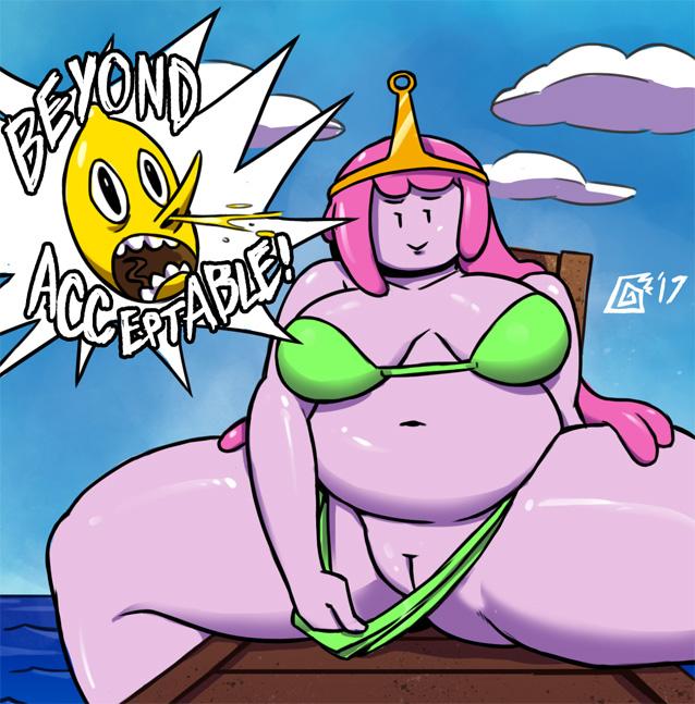 ! adventure_time belly big_belly big_breasts bikini blood breasts cartoon_network clothed clothing digital_media_(artwork) dizzy_demon english_text female hair humanoid humor lemongrab male navel nosebleed not_furry open_mouth overweight overweight_female partially_clothed pink_skin pinup plump_labia pose presenting presenting_pussy princess_bubblegum pussy smile spreading swimsuit text