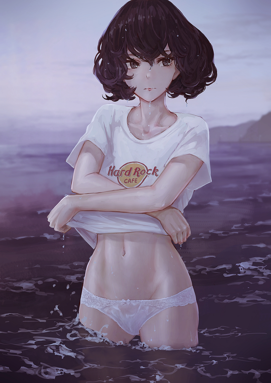 bangs black_eyes black_hair bob_cut bow bow_panties closed_mouth clothes_writing cloud cloudy_sky collarbone commentary curly_hair day dripping fog hard_rock_cafe highres lifted_by_self lips looking_at_viewer navel ocean original outdoors panties see-through shirt shirt_lift short_hair short_sleeves sky solo stomach t-shirt underwear undressing wading water water_drop wet wet_clothes wet_hair wet_panties wet_shirt white_bow white_panties white_shirt yasukura_(shibu11)