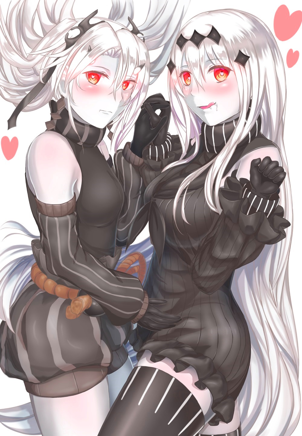 abyssal_crane_hime aircraft_carrier_water_oni armor armored_boots black_dress black_gloves black_legwear blush boots detached_sleeves dress gloves heart heart-shaped_pupils highres holding_hands horns japanese_clothes kantai_collection long_hair multiple_girls red_eyes ribbed_dress sabakuomoto sailor_dress shinkaisei-kan short_dress symbol-shaped_pupils thighhighs very_long_hair white_background white_hair white_skin