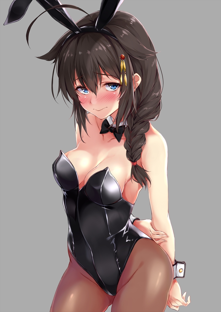 ahoge animal_ears arms_behind_back ass_visible_through_thighs bangs bare_shoulders black_hairband black_leotard blue_eyes blush braid breasts brown_hair brown_legwear bunny_ears bunnysuit cleavage closed_mouth cowboy_shot detached_collar eyebrows_visible_through_hair fake_animal_ears grey_background groin hair_flaps hair_ornament hair_over_shoulder hair_tie hairband hairpin hand_on_own_arm kantai_collection leotard long_hair looking_at_viewer marisasu_(marisa0904) medium_breasts nose_blush pantyhose raised_eyebrows remodel_(kantai_collection) shigure_(kantai_collection) shiny shiny_hair simple_background single_braid smile solo standing strapless strapless_leotard wrist_cuffs