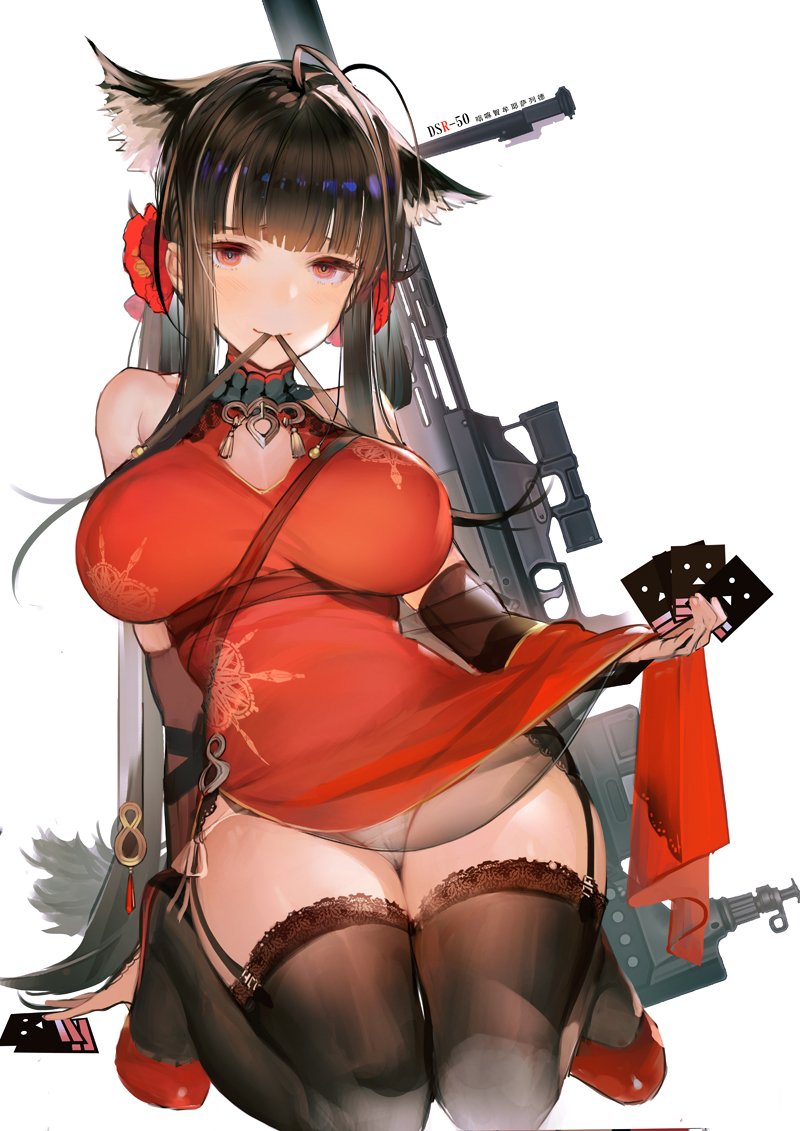 alternate_costume animal_ears antenna_hair arm_support bangs bare_shoulders black_panties blunt_bangs blush breasts bridal_gauntlets brown_hair brown_legwear card cat_ears character_name china_dress chinese_clothes closed_mouth collarbone commentary_request dress dress_in_mouth dress_lift dsr-50_(girls_frontline) dsr-50_(weapon) elbow_gloves fan flower folding_fan garter_straps girls_frontline gloves groin gun hair_flower hair_ornament half-closed_eyes head_tilt holding holding_card kneeling lace large_breasts liduke light_particles long_hair looking_at_viewer panties pantyshot pantyshot_(kneeling) red_dress red_eyes red_footwear rifle shoes side-tie_panties side_slit sidelocks simple_background sitting smile solo strap studs thighhighs thighs underwear weapon white_background white_panties