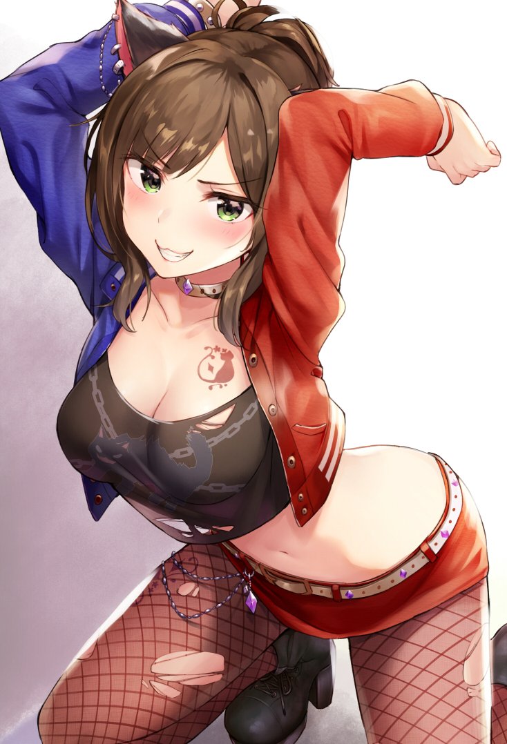 animal_ears arms_up bangs belt black_shirt blush boots breasts brown_hair bvucki36gzoeq1c cat_ears chain chest_tattoo cleavage collar commentary_request ear_piercing eyebrows_visible_through_hair fishnet_pantyhose fishnets green_eyes grin high_heel_boots high_heels hips idolmaster idolmaster_cinderella_girls jacket large_breasts maekawa_miku midriff miniskirt navel open_clothes open_jacket pantyhose piercing ponytail red_skirt shirt short_hair skirt smile solo swept_bangs tattoo thighs torn_clothes torn_legwear