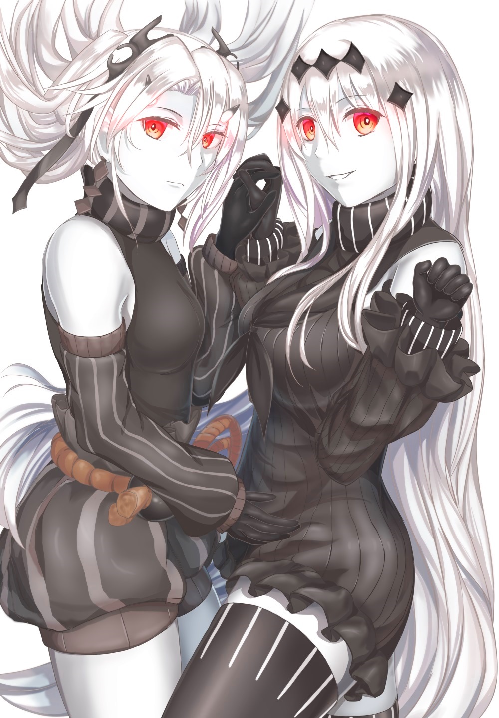 abyssal_crane_hime aircraft_carrier_water_oni armor armored_boots black_dress black_gloves black_legwear boots detached_sleeves dress gloves highres holding_hands horns japanese_clothes kantai_collection long_hair multiple_girls red_eyes ribbed_dress sabakuomoto sailor_dress shinkaisei-kan short_dress thighhighs very_long_hair white_background white_hair white_skin