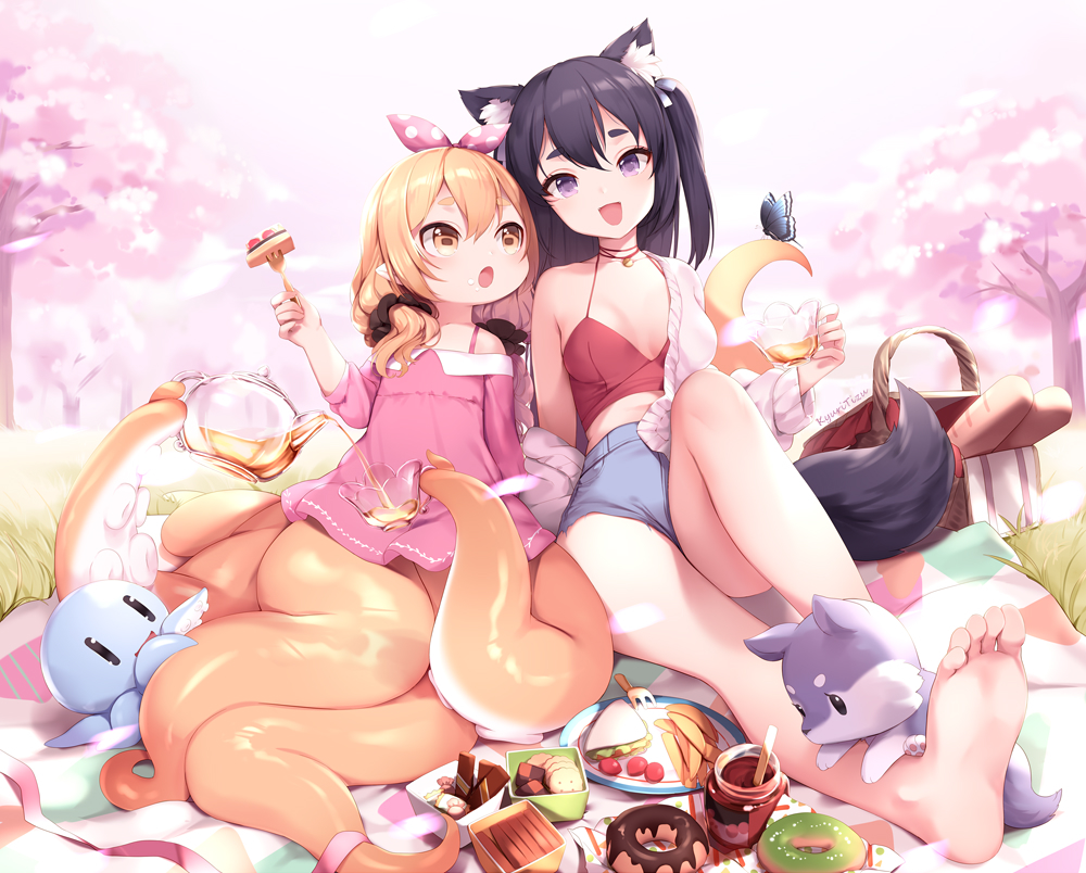 :d :o animal_ears artist_name baguette bangs bare_shoulders barefoot basket black_hair black_scrunchie blanket blonde_hair blue_ribbon blue_shorts box bread breasts bug butterfly cameltoe cherry_blossoms collarbone cookie cup day denim denim_shorts doughnut dress feet food fork fox fox_ears fox_tail full_body grass hair_ornament hair_over_shoulder hair_ribbon hair_scrunchie head_tilt holding holding_cup holding_fork horizontal_pupils insect knee_up kyuri_tizu long_hair long_sleeves looking_at_viewer low_twintails monster_girl multiple_girls octopus off_shoulder one_side_up open_mouth orange_eyes original outdoors paws pink_dress plate pointy_ears polka_dot_ribbon purple_eyes ribbon sandwich scrunchie scylla shiny shiny_hair short_shorts shorts single_bare_shoulder small_breasts smile soles spring_onion syrene_(kyuri_tizu) tail tareme teacup tentacles toes tree twintails