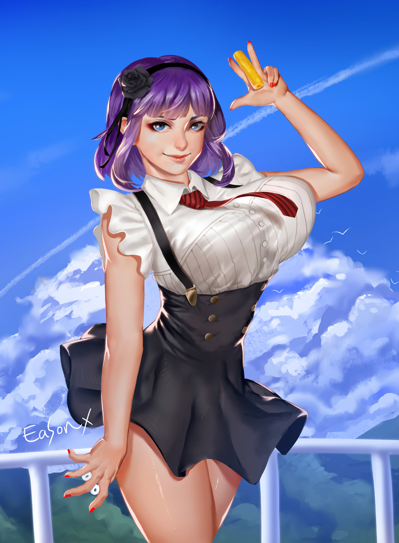 artist_name bird black_flower black_hairband black_rose blue_eyes breasts candy cloud cloudy_sky collared_shirt cowboy_shot dagashi_kashi double-breasted easonx flower food frills hair_ornament hairband high-waist_skirt large_breasts looking_at_viewer nail_polish necktie outdoors purple_hair red_nails red_neckwear rose shidare_hotaru shirt short_hair signature skirt sky smile solo suspender_skirt suspenders sweets underbust