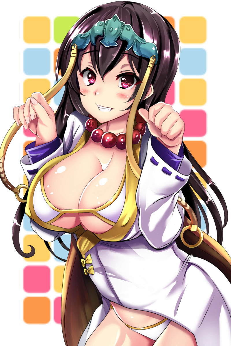 bangs bead_necklace beads bikini bikini_top blush breasts brown_hair cleavage commentary_request eyebrows_visible_through_hair fate/grand_order fate_(series) hair_between_eyes headpiece japanese_clothes jewelry kimono large_breasts long_hair looking_at_viewer md5_mismatch necklace open_clothes open_kimono paw_pose prayer_beads red_eyes senra_banshou smile solo swimsuit white_bikini white_kimono xuanzang_(fate/grand_order)