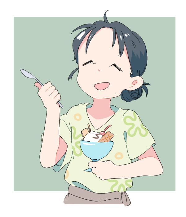 ^_^ ahoge bangs black_hair border cherry chocolate_syrup closed_eyes food fruit green_background hair_bun hands_up holding holding_spoon ice_cream kono_sekai_no_katasumi_ni koukou_(climacool) mole mole_under_mouth open_mouth outside_border parted_bangs pocky short_sleeves simple_background smile solo spoon upper_body urano_suzu wafer white_border |d
