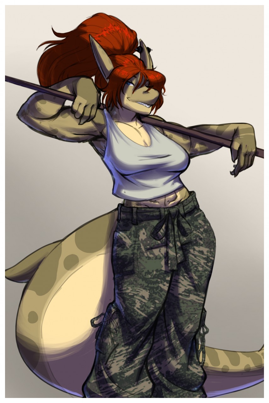 anthro athletic clothed clothing female fish gradient_background hair jayecho looking_at_viewer marine shark simple_background smile solo staff standing teeth