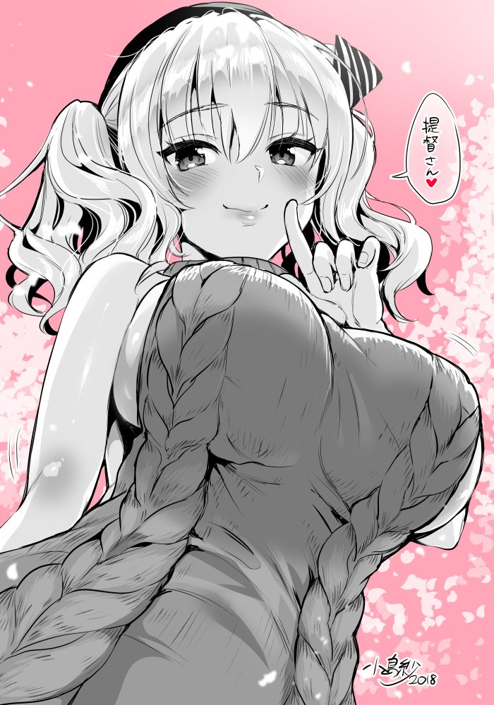 2018 alternate_costume aran_sweater bangs bare_shoulders beret blush bouncing_breasts breasts closed_mouth eyebrows_visible_through_hair finger_to_mouth from_below hair_ribbon hat heart index_finger_raised kantai_collection kashima_(kantai_collection) kojima_saya large_breasts lips looking_at_viewer looking_down meme_attire monochrome motion_lines petals pink_background ribbed_sweater ribbon short_hair short_twintails shushing sideboob signature sleeveless smile solo speech_bubble sweater translated twintails upper_body virgin_killer_sweater wavy_hair