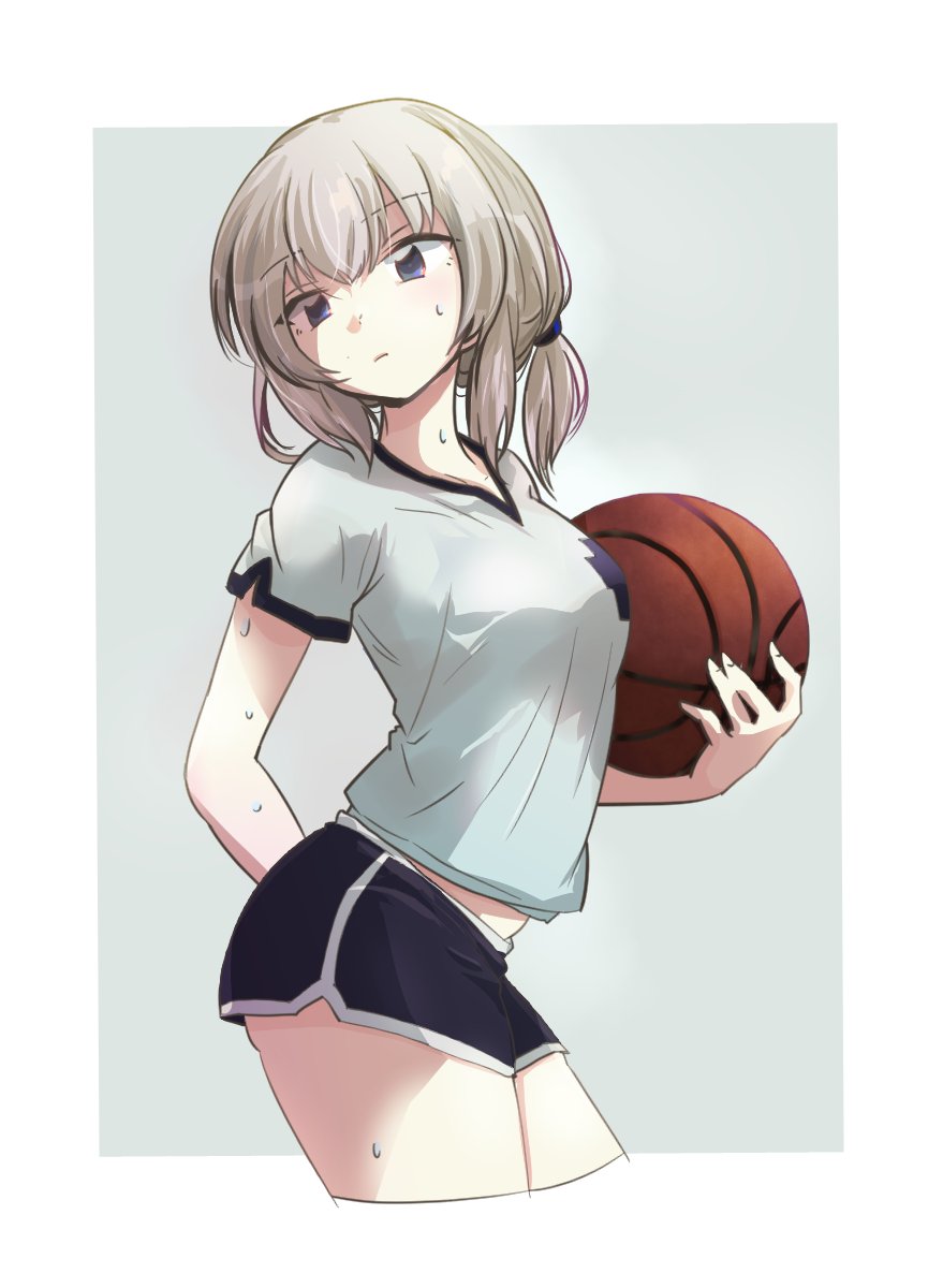 aaru_(kerogero1582) alternate_hairstyle arm_behind_back bangs basketball black_shorts blue_eyes closed_mouth collaboration commentary_request derivative_work emblem eyebrows_visible_through_hair from_side girls_und_panzer grey_background gym_shirt gym_shorts hair_tie hair_up highres holding itsumi_erika light_frown looking_at_viewer moro_(like_the_gale!) outside_border shirt short_ponytail short_shorts short_sleeves shorts silver_hair single_vertical_stripe solo standing sweat t-shirt v-neck