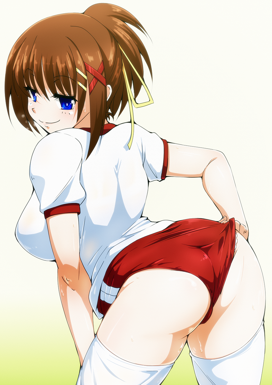 adjusting_clothes ass blue_eyes blush breasts brown_hair buruma closed_mouth commentary_request from_behind gym_uniform hair_ornament highres looking_at_viewer looking_back lyrical_nanoha mahou_shoujo_lyrical_nanoha_strikers medium_breasts panties panties_under_buruma panty_peek red_buruma shiny shiny_hair shiny_skin shirt short_hair short_sleeves smile smug solo sweat tappa_(esperanza) thighhighs underwear wedgie white_legwear white_shirt x_hair_ornament yagami_hayate