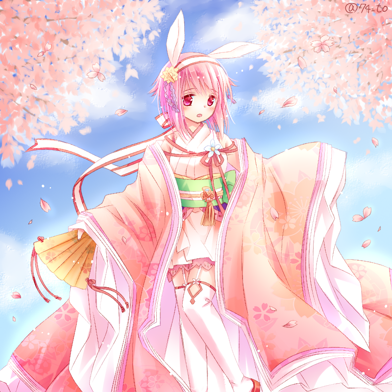 animal_ears blue_sky blush bunny_ears cherry_blossoms cloud commentary_request day fan fire_emblem fire_emblem_if flower folding_fan garter_straps hair_flower hair_ornament hairband holding holding_fan japanese_clothes kimono long_sleeves looking_away looking_to_the_side obi open_mouth outdoors pink_flower pink_hair pink_kimono purple_eyes red_footwear sakura_(fire_emblem_if) sandals sasaki_fumi sash short_kimono sky sleeves_past_fingers sleeves_past_wrists solo standing standing_on_one_leg thighhighs white_hairband white_legwear wide_sleeves yellow_flower
