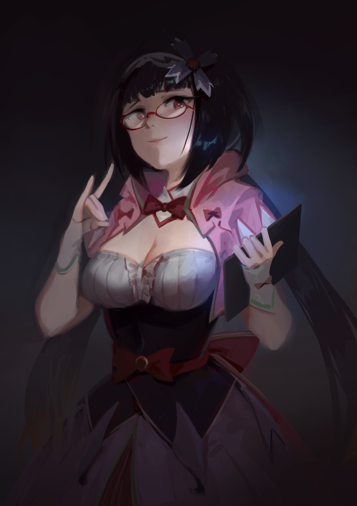 3four black_hair breasts capelet cleavage closed_mouth commentary_request dark dress fate/grand_order fate_(series) fingerless_gloves flower fox_shadow_puppet glasses gloves grey_background hair_flower hair_ornament hairband holding large_breasts long_hair looking_at_viewer low_twintails osakabe-hime_(fate/grand_order) red-framed_eyewear red_eyes sash smile solo standing tablet twintails upper_body very_long_hair white_gloves
