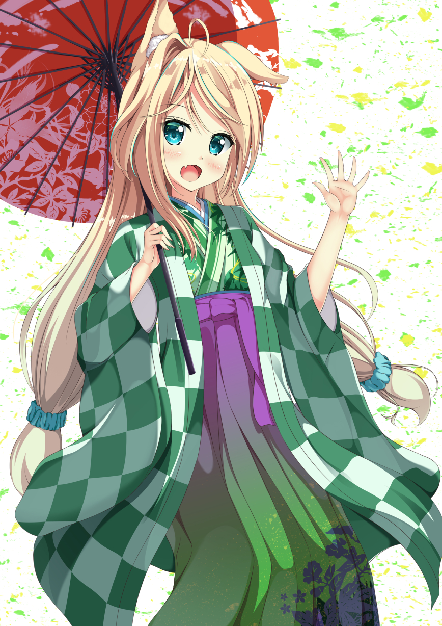 :d animal_ears bangs blue_eyes blue_hair blue_scrunchie blush checkered closed_eyes commentary_request fang fox_ears fox_girl gradient gradient_hakama green_hakama green_kimono hair_ornament hair_scrunchie hakama hand_up highres holding holding_umbrella japanese_clothes kimono long_hair long_sleeves looking_at_viewer low-tied_long_hair low_twintails multicolored multicolored_clothes multicolored_hair open_mouth oriental_umbrella original print_hakama print_kimono print_umbrella purple_hakama red_umbrella scrunchie sidelocks smile solo streaked_hair tsuyukina_fuzuki twintails umbrella very_long_hair white_background wide_sleeves