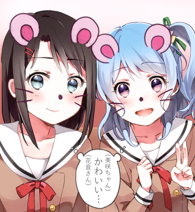 :d animal_ears bang_dream! bangs black_hair blue_eyes blue_hair clenched_hand face_filter flower hair_flower hair_ornament hair_ribbon hairpin hanasakigawa_school_uniform hand_on_own_chest light_blush looking_at_viewer matsubara_kanon multiple_girls okusawa_misaki one_side_up open_mouth purple_eyes red_ribbon ribbon school_uniform serafuku smile snapchat translation_request upper_body v whiskers yae_(eky_567)