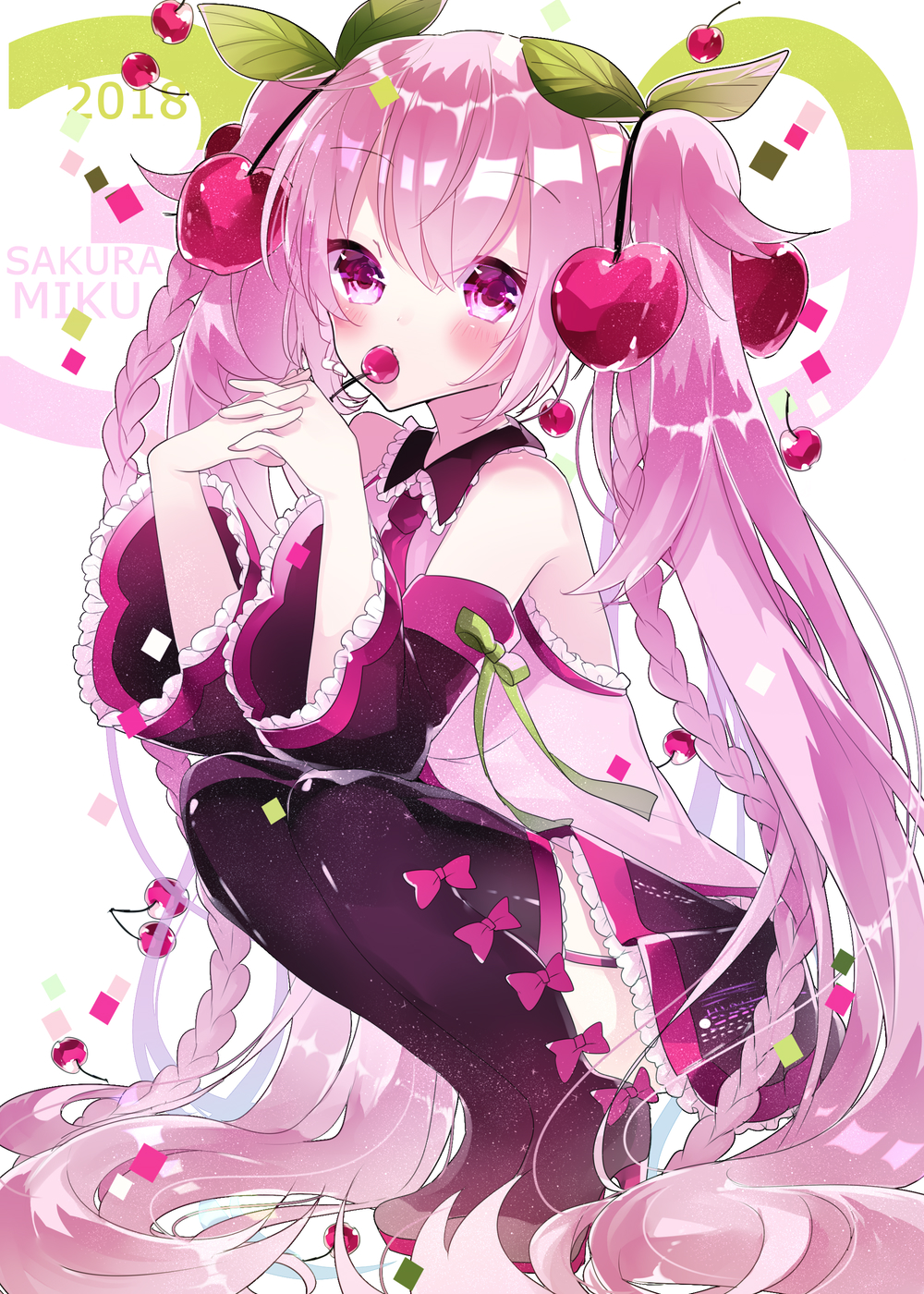 39 2018 blush boots bow_legwear braid cherry commentary_request detached_sleeves eating eyebrows_visible_through_hair food from_side fruit full_body garter_straps hair_fruit hatsune_miku high_heels highres interlocked_fingers long_hair looking_at_viewer mouth_hold necktie pink_eyes pink_hair remimim sakura_miku skirt solo squatting thigh_boots thighhighs twintails very_long_hair vocaloid white_background